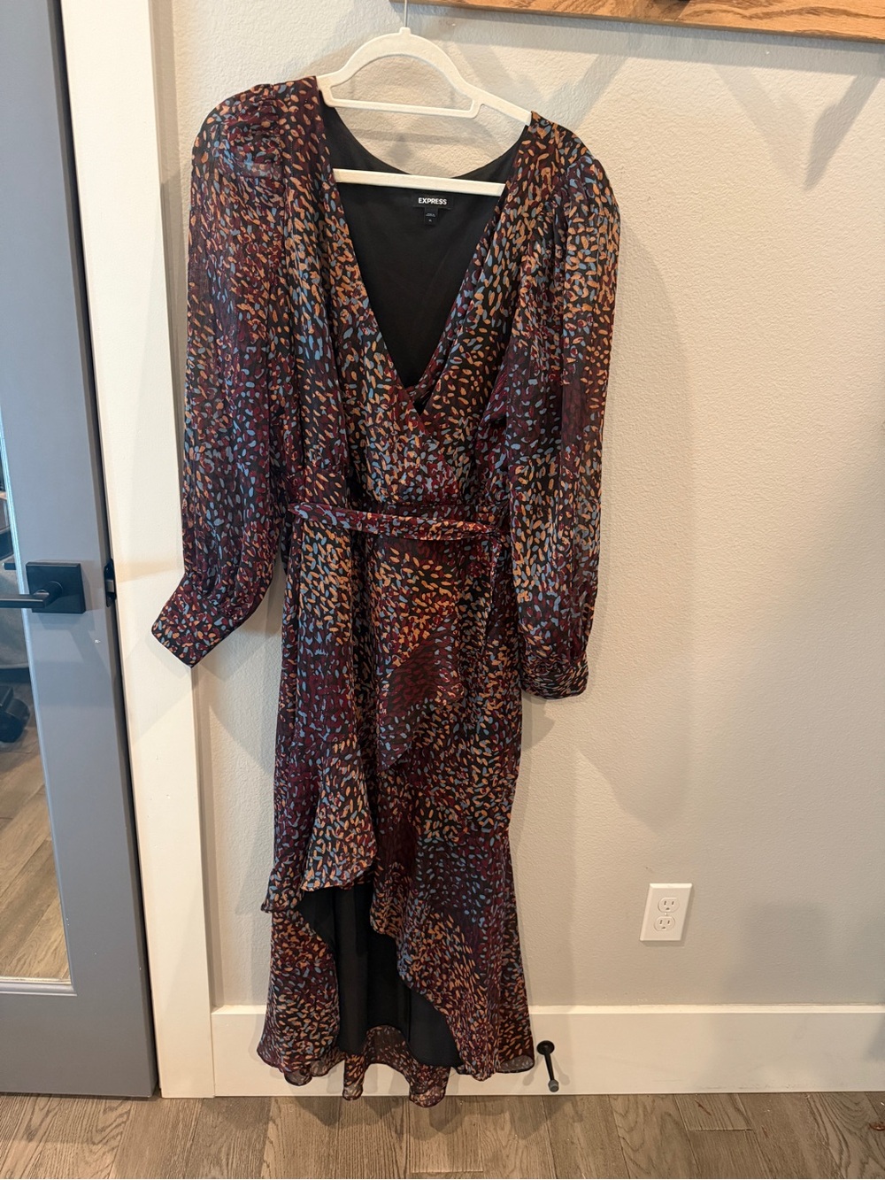 Express Burgundy Multi-Print Wrap High-Low Dress